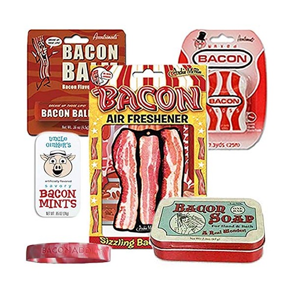 Bacon Addicts Survival Kit Gift Pack (5pc Set) - Bacon Soap, Air Freshener, Lip Balm, I Heart Bacon Can Cooler & Bacon Addict Silicone Wristband