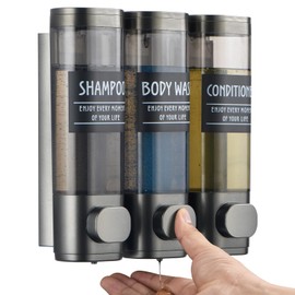 Shampoo and Conditioner Dispenser,GlintGath Shower Dispenser 3 Chamber No Drill Shampoo Dispenser for Shower Wall Mounted Shower Soap Dispenser for Bathroom Hotel,3 * 300ML,Gun Gray