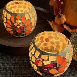 SHMILMH Thanksgiving Votive Candle Holder Set of 4, Mosaic Glass Tealight Holders with Turkey for Fall Table Centerpiece Fireplace Party Decorations