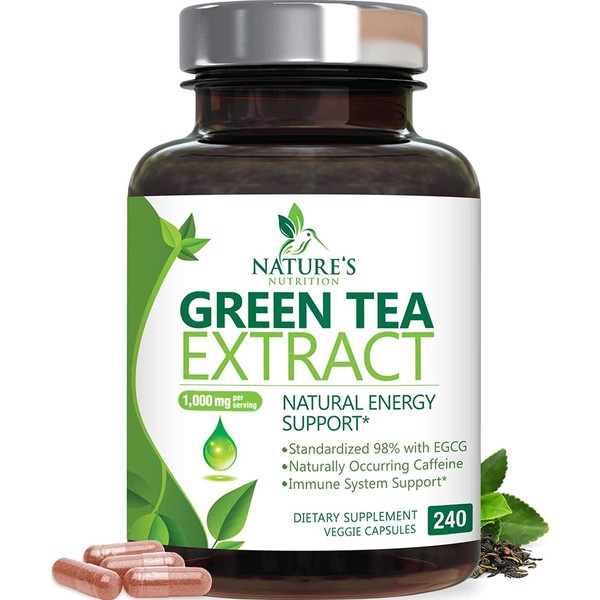 Green Tea Extract Capsules 1000mg 98% Standardized EGCG - 3X Strength for Natural Energy - Heart Support with Polyphenols - Gentle Caffeine - 240 Capsules