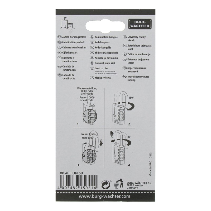 BURG-WÄCHTER Adjustable combination lock, 6.5 mm thickness, 4 number wheels,