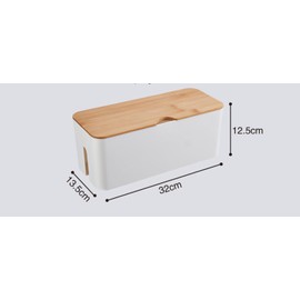 Cable Box with Bamboo Lid, Cable Management Organiser, Storage Box for Hiding Cables, Organising, Computer Wiring, 32 x 13.5 x 12.5 cm, White