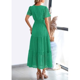PRETTYGARDEN PRETTYGARDEN Womens 2025 Summer Maxi Dress Short Sleeve V Neck Hollow Out Eyelet A Line Long Flowy Beach Vacation Dresses (Green,Small)