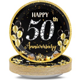 48 Pcs 50th Wedding Anniversary Party Plates 50th Wedding Anniversary Party Disposable Paper Black and Gold Dessert Plates Supplies Appetizer Lunch Dinner Dessert Plates Tableware Decorations Set
