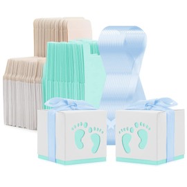 Baby Shower Bags,100 Pack Baby Shower Favor Boxes Footprints Paper Gift Boxes Newborn Baby Folding Box, Small Candy Boxes with Ribbon, Paper Newborn Party Gift Box for Baby Shower, Wedding, Birthday, Bridal Party (Blue)