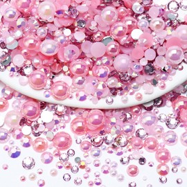 Towenm 60g Mix Pearls and Rhinestones for Crafts, 2mm-10mm Pink Pearl Rhinestones for Shoes Nails Face Art, Tumbler Bedazzling Half Pearls and Rhinestones Gems, with Picker Pen
