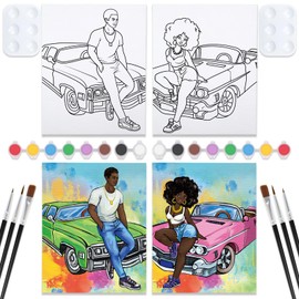 Nuberlic Couples Painting Kit Date Night Afro Couples with Cool Car Sip and Paint Kit for Adults Pre Drawn Canvas for Painting for Adult Love Pre Drawn Stretched Canvas Kit Art Set 2 Pack 8"x10"
