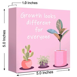 LVQHI Pink Decor For Desk, Growth Looks Different For Everyone Plant Inspirational Motivational Wooden Block Sign For Home Bedroom Office Desk Table Decor, Cheer Up Gift For Coworker Friend