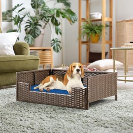 YITAHOME Rattan Dog Sofa Bed with Cushion,Wicker Pet Bed Sofa Couch Indoor Outdoor Water Unaffected for Large Medium Small Dogs Cats (24.8''L*19.7''W*9.8'',Beige)