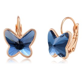 EVEVIC Austrian Crystal Butterfly Earrings Drop Leverback Earrings for Women 14K Rose Gold Plated Hypoallergenic Jewelry Gifts (Dark Blue)
