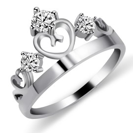 Uloveido Fashion Silver Plated Love Heart Cubic Zirconia Princess Queen Crown Tiara Graduation Party Prom Rings Birthday Christmas Gifts Presents Idea for Women Size 9 J412