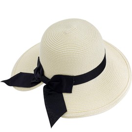 Lufdegim Women's Summer Foldable Straw Hat with Bow Tie Beach Hat Sun Hat Shade Outdoor, milky white