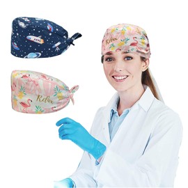 Siribelle Pack of 2 surgical caps, women's and men's long hair surgical cap, adjustable, 100% cotton, work cap for nurse, dentist with button, Pink and blue