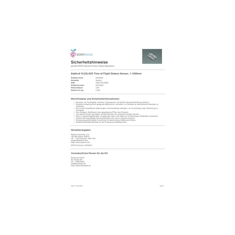 Adafruit VL53L4CD Time of Flight Distance Sensor, 1-1300 mm