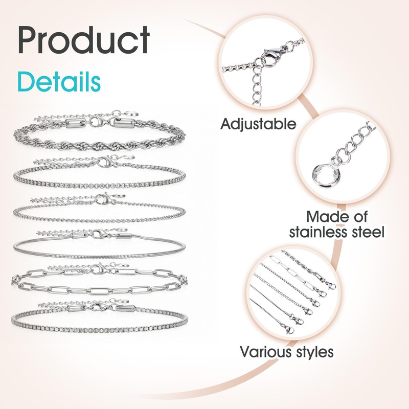 Molain 6Pcs Stainless Steel Chain Bracelets for Men Women
