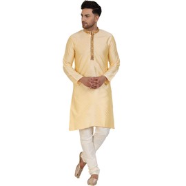 SKAVIJ Men's Jacquard Silk Embroidered Kurta Pajama Set Thread Work Ethnic Party Dress (KP037beige_Beige_S)