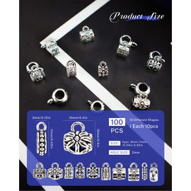 YETOOME 100 Pcs Antique Tibetan Silver Bail Beads, Loose Spacer Bead, Bead Hanger Charm for Jewelry Making DIY Necklace Bracelet, 10 Styles