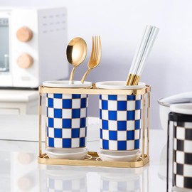 XYQXYQ 2 pcs Utensil Crocks，Checkered Utensil Holder, Ceramic Cooking Utensil With Layered Shelves，Spoon Spatula Holder for Countertop, Kitchen Decor and Accessories (Blue)