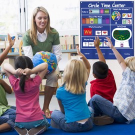 Auchq Circle Time Learning Center Pocket Chart, Heavy-Duty Kids Calendar for Classroom, Educational Pocket Chart Learning Calendar Weather Letter Counting Rhyme Color Shape (Blue)