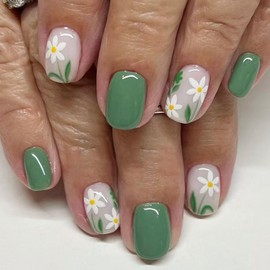 BSBTBZ Light Green Press On Nails Short Square French Flower Nails 3, 24 Pcs, Acrylic, Glossy, Full Cover, 24 Pieces