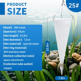 Plankton net; Water Quality Test Freshwater and Marine Aquatic Organisms Collection net; Equipped with 2 PE Bottles, 5 Meters of Cotton Rope, aperture64μm, Diameter 7.87 inches.