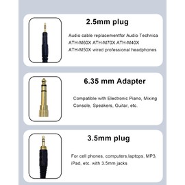 SPTSSWET ATH-M50x Replacement Cable Compatible with Audio-Technica ATH-M40x M60x M70x M50x Coiled Aux Cord 3.5mm(1/8") Extension Wire with 6.35mm(1/4") Adapter, 4ft extends to 10ft