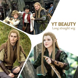 YTbeauty Long Blonde Straight Wig with Elf Ears for Men Costume Braided Ash Blonde Wig for Halloween Cosplay Party