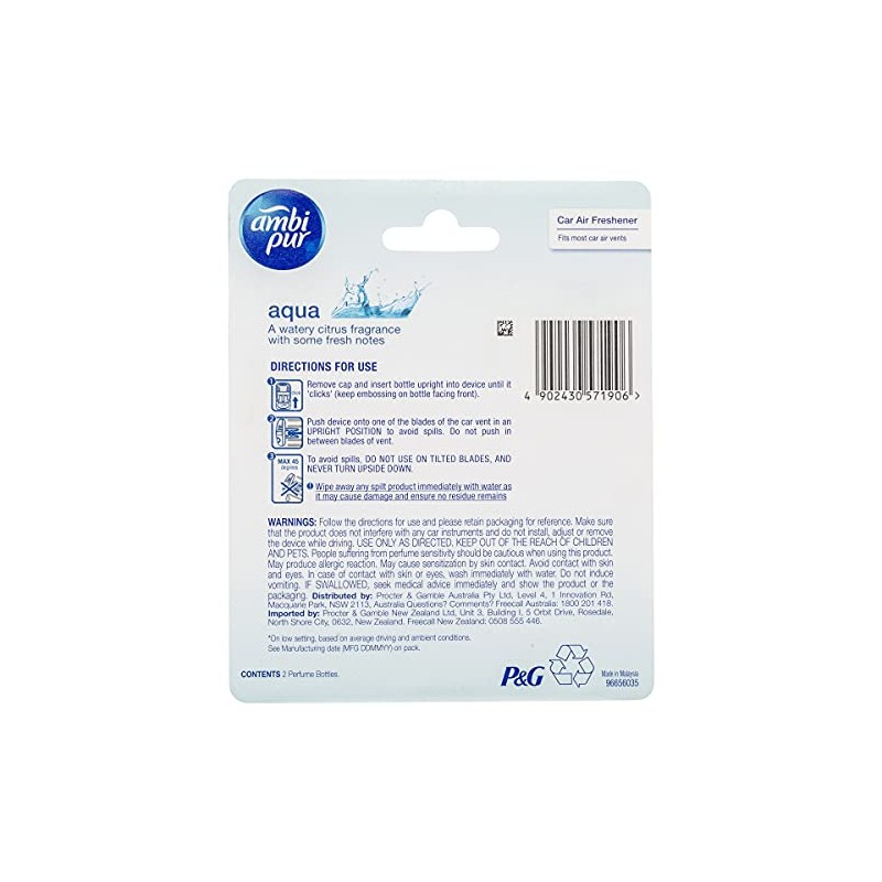 Ambi Pur Premium Clip Aqua Car Air Freshener Refill, 2