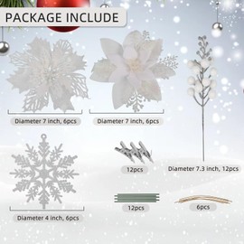RECUTMS 60 PCS Poinsettia Christmas Decor Set 18pcs Artificial Poinsettia Flowers with 12pcs Glitter Berry Stems 12 Pole 12 Clips Glittering Xmas Tree Ornaments Wedding Wreath Decor (White)