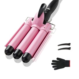 TOP4EVER 3 Barrel Curling Iron, 1 inch Crimper Hair Tool,Crimping Waver for Women Beach Waves with Two Temperature Settings, Pink