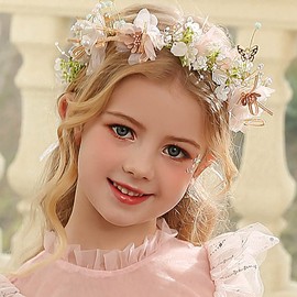 Campsis Princess Flower Girl Headpiece Pink Floral Crystal Headband Handmade Tulle Butterfly Pearl Hair Accessories Communion Birthday Wedding Prom Photography for Girls and Women, 7, Crystal, pearl
