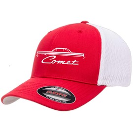 1965 Mercury Comet Hardtop Outline Design Flexfit Trucker Mesh Fitted Cap red/White