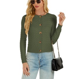Enjyam Women's Cardigan Long Sleeve Elegant Short Cardigan with Buttons Crew Neck Soft Lightweight Jacket to Top Dress Green, M