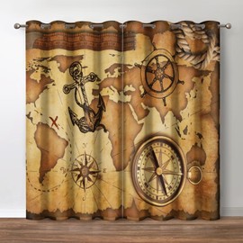 Jekeno World Map Blackout Curtains, Retro Nautical Middle Ages Decor, Vintage Anchor Rudder Compass Old Maps Theme Grommet Window Drapes for Bedroom Living Room, 52 Wide 84 Long inches 2 Panels