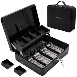 Polspag Cash Box with Lock and 2 Keys, Metal Money Box with Cash Tray,Large Locking Cash Boxes, Deluxe Lock Safe Box, Portable Cash Box with Adjustable Coin Box & Anti Slip Bottom for Business Black