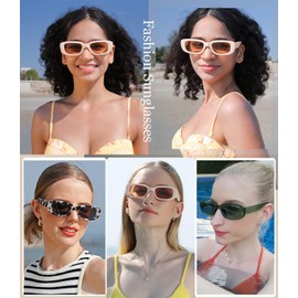 Dollger Rectangle Sunglasses for Women Men Trendy Retro Fashion Sunglasses UV 400 Protection Square Fram, Beige Frame + Brown Lens, Middle