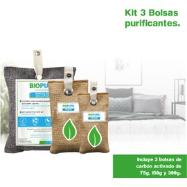 Biopure - Kit de 3 bolsas purificadoras - Carbón activado 100% biodegradable.