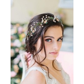 IYOU Bridal Wedding Hair Vine Green Flower Hairpiece Daisy Beads Headband Prom Party Hair Accessories for Brides and Bridesmaids