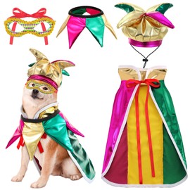 Locmeo 4 Pcs Mardi Gras Dog Costume Mardi Gras Clown Jester High Collar Cape Pet Accessories Set Golden Green Purple Puppy Dress Up with Mask Collar Dress for Small Dogs Outfit Decor(Medium)