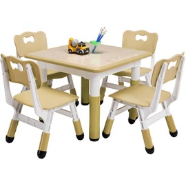 Modern Kids Table and 4 Chair Set,23.26" Height Adjustable Toddler Table and 4 Chairs Set with Non-Slip Table Legs&Organizer Graffiti Desktop,Preschool Activity Kids Table Set for Ages 2-10 (Kakhi
