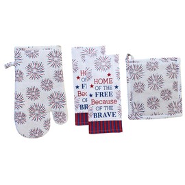Fireworks Patriotic with Home of The Free Because of The Brave Slogan Design Printed Decorative 4th of July, Kitchen Towel Set of 4, 2 Kitchen Towels, Potholder & Oven mitt.