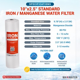 Max Water Whole House Iron Manganese Replacement Set, Heavy Duty - Standard Whole House Systems 10" x 2.5" Good for Iron, Manganese Reduction (Pack of 3)