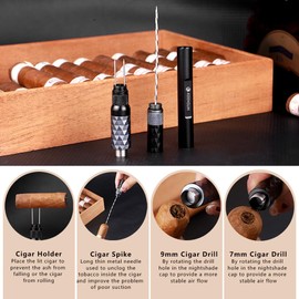 KEENSUN 4-in-1 Cigar Punch Tool Set with 2 Size Cigar Punch(7mm/9mm), Cigar Draw Enhancer Cutter and Twin Nubber (Black Grey)