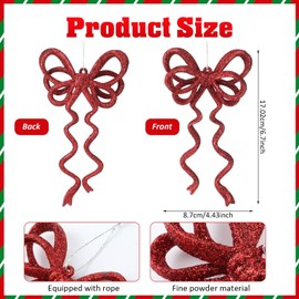 Thyle 12 Pcs Red Glitter Bows Ornaments for Christmas Tree, Plastic Bows for Christmas Tree for Xmas Home Outdoor Indoor Decoration