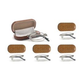 EYE ZOOM 5 Pairs Compact Rectangular Metal Folding Reading with Hard Case Comfort Fit for Men and Women, Silver Frame, Light Brown Case, 1.50 Strength