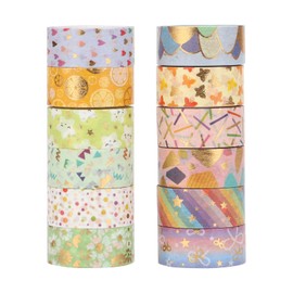 LGEGE 12 Rolls Washi Tape Set, 15 mm Wide, Colourful Star Heart, Rainbow, Flower, Butterfly, Bow, Polka Dot, Japanese Masking Tape, Decor for Scrapbook, Bullet Journal (3 m)