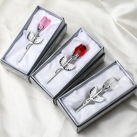 Crystal Metal Red Rose Crafts Graduation Gift Box Set, Valentine Gift Wedding Gift Mother's Day Gift Box Transparent:_Gold Rod White Rose