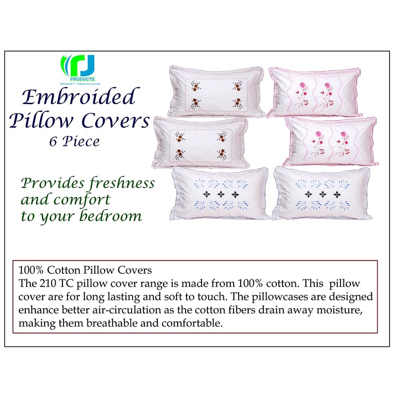 Rj Products Cotton Embroidered Pillow Covers (Set Of 6 Piece)
