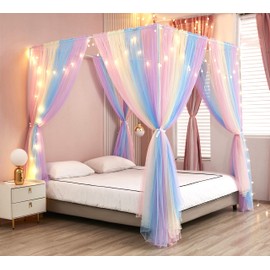 Akiky Canopy Bed Curtains with Lights 4 Corner Post Bed Canopy for Adults Girls, Rainbow Bed Drapes Netting-8 Panel Curtains,Full/Queen