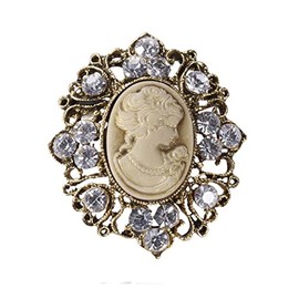 Générique Women's Cameo Bust Brooch Beige and Crystal Rhinestones, Bronze Steel, 5 x 4 cm, Stainless Steel